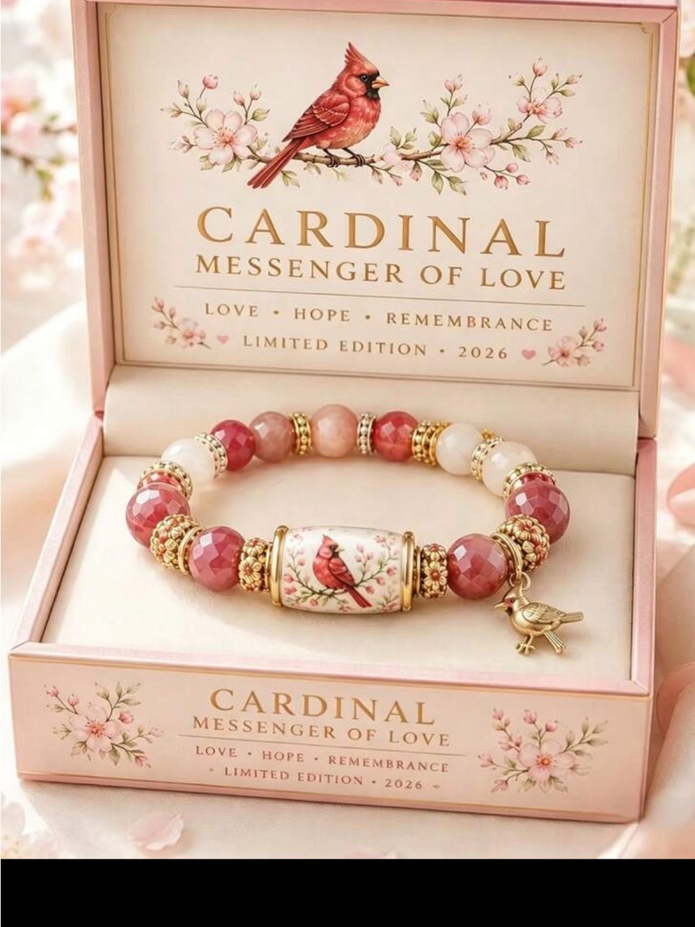Cardinal Porcelain Charm Pink and Gold Beaded Stretch Bracelet